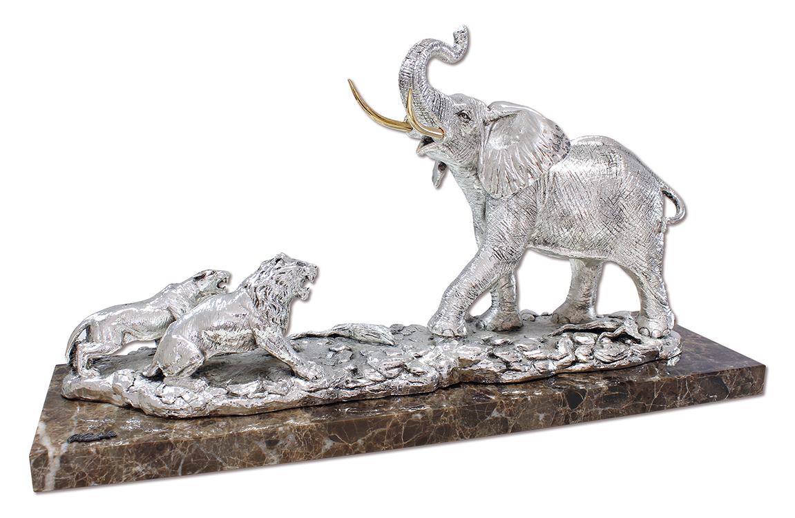 ref: 481P - Elefante con leones plata - 62 x 19 x 34 cm