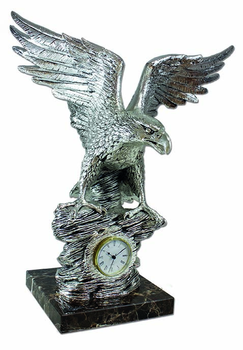 ref: 508P - Águila con reloj sobre roca plata - 40 x 31 x 50 cm
